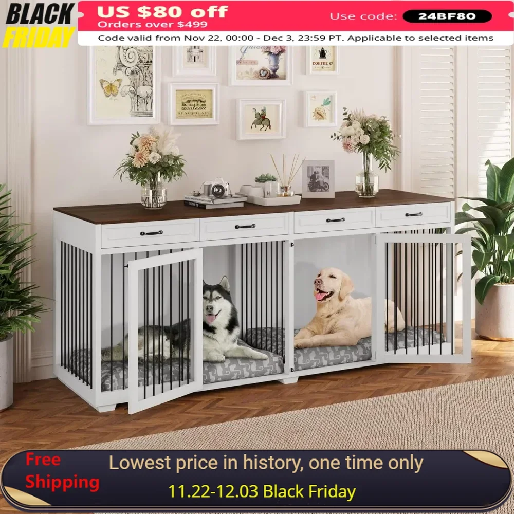 

Large Dog Crate Furniture, 92.9" Wooden Dogs Crate Kennel with 4 Drawers and Divider, Heavy Duty Dog Crates Cage Furniture