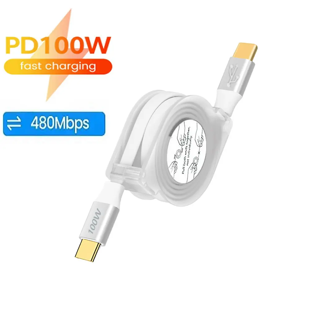 PD 100W USB C Retractable Data Cable, For iPhone 15 Pro Max For MacBook Samsung Fast Charge Cord For iPad Type C Laptop Switch