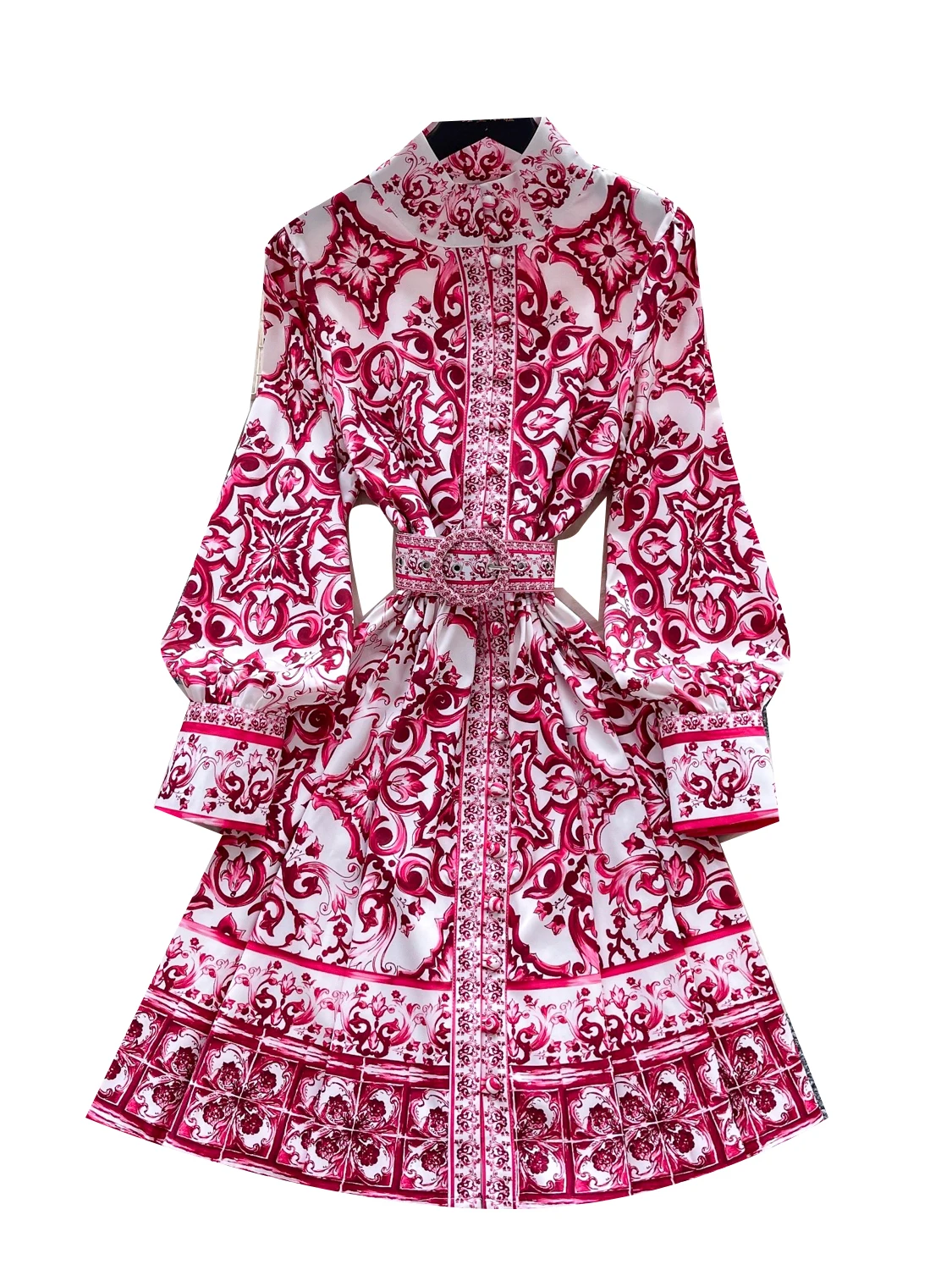 Lanterne imprimée rétro Court Sle Sve Dr pour femmes, col montant, cintré à la taille, amincissante, mi-longue, été