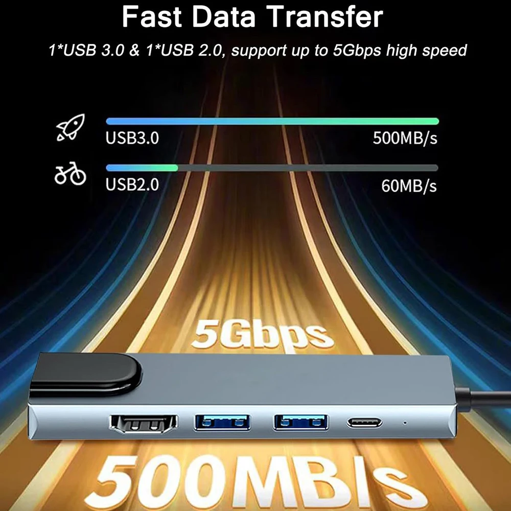 KEBIDUMEI 5-in-1 USB C HUB USB C Docking Station TYPE-C to HDMI/RJ45 Adapter USB 3.0 5Gbps High Speed USB Splitter For PC Laptop
