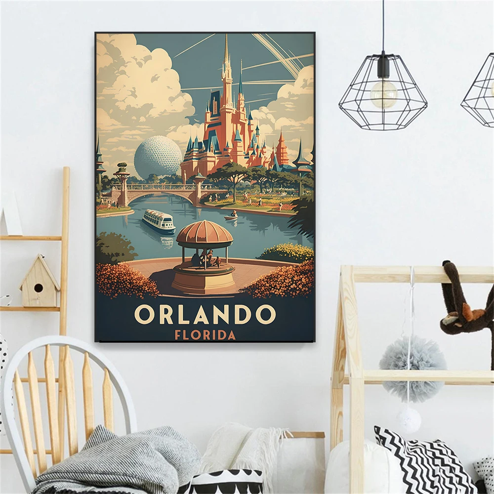 Orlando Florida Travel Prints Disney Wall Art Poster Florida Travel Poster USA Retro Canvas Painting Home Nursey Room Decoration