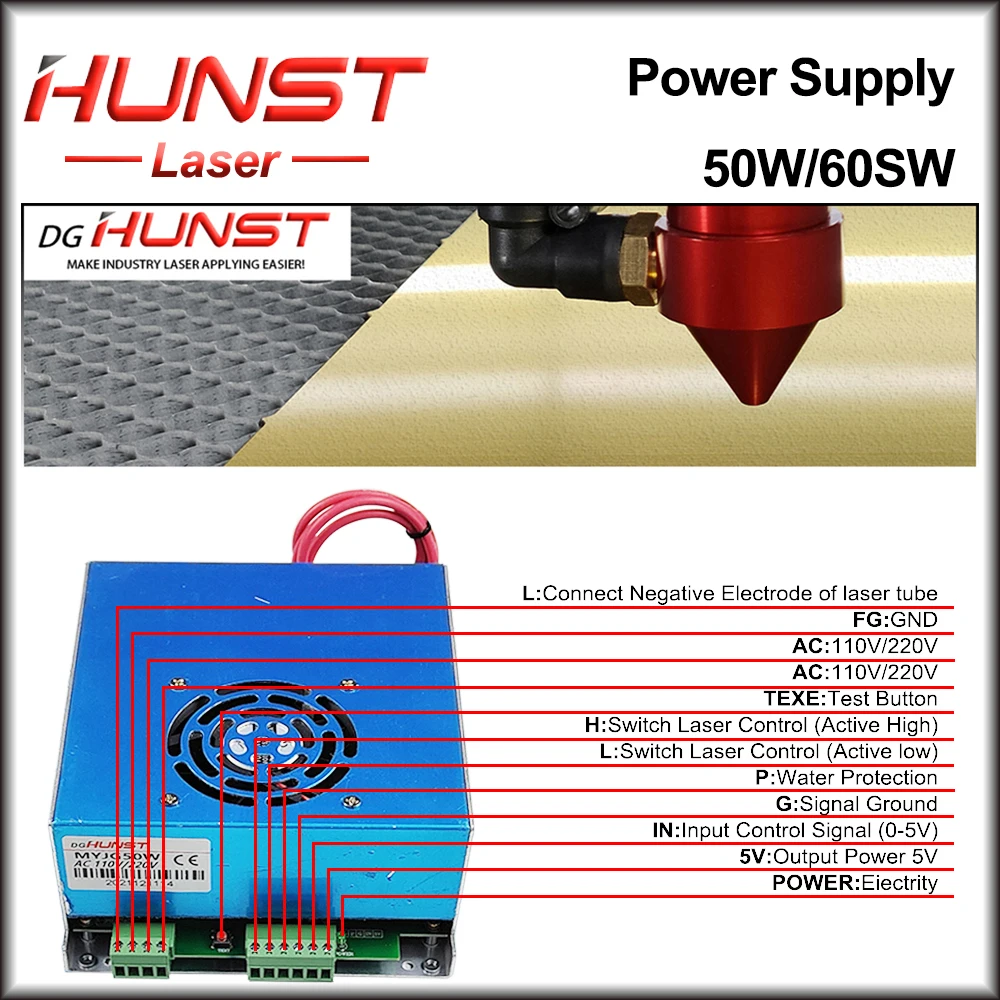 Hunst MYJG-50W 60W CO2 Laser Power Supply  110V/220V Laser Generator For 40~70w Engraving Cutting Machine Glass Tube