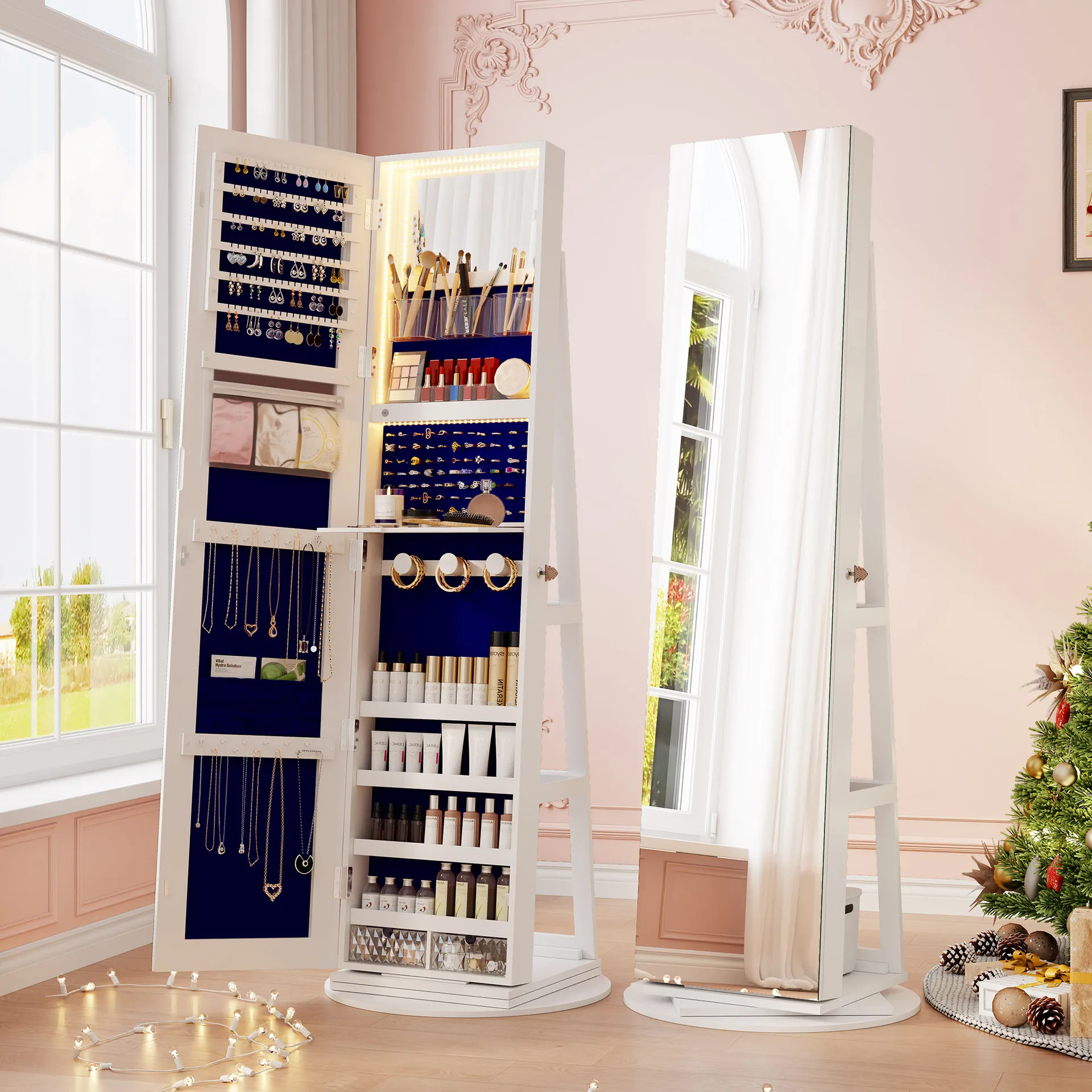 360 ° rotating jewelry cabinet, large-capacity LED light jewelry display cabinet, multi-layer storage floor mirror locker