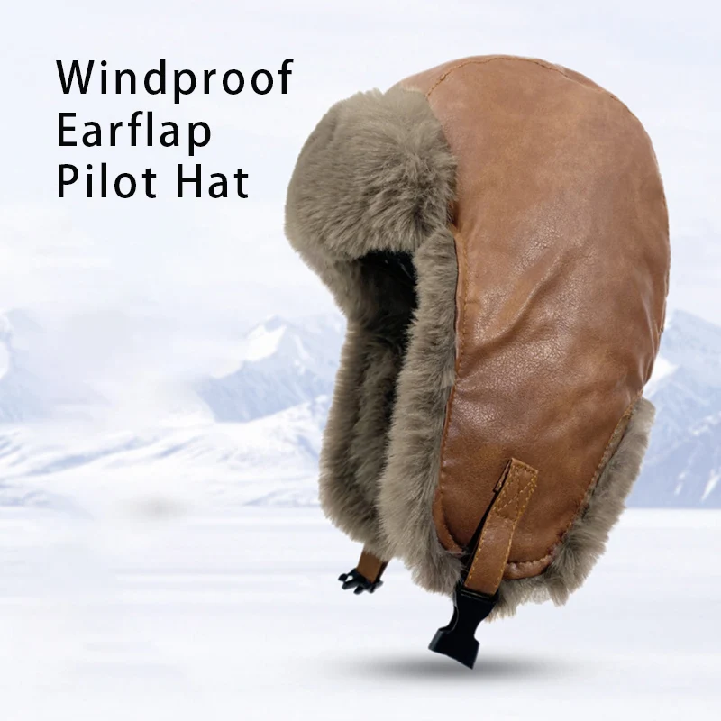 

Роскошная кожаная мужская шапка-авиатор с плюшевой подкладкой, женская зимняя кепка-траппер, ветрозащитная шапка-ушанка для пилота, лыжная шапка с защитным ремешком