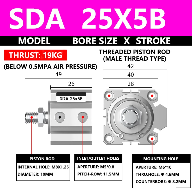 

ABILKEEN SDA25X5B Серия SDA Тонкий воздушный цилиндр 25 мм с наружной резьбой Диаметр цилиндра X 5 мм Ход поршня Пневматический компактный цилиндр двойного действия
