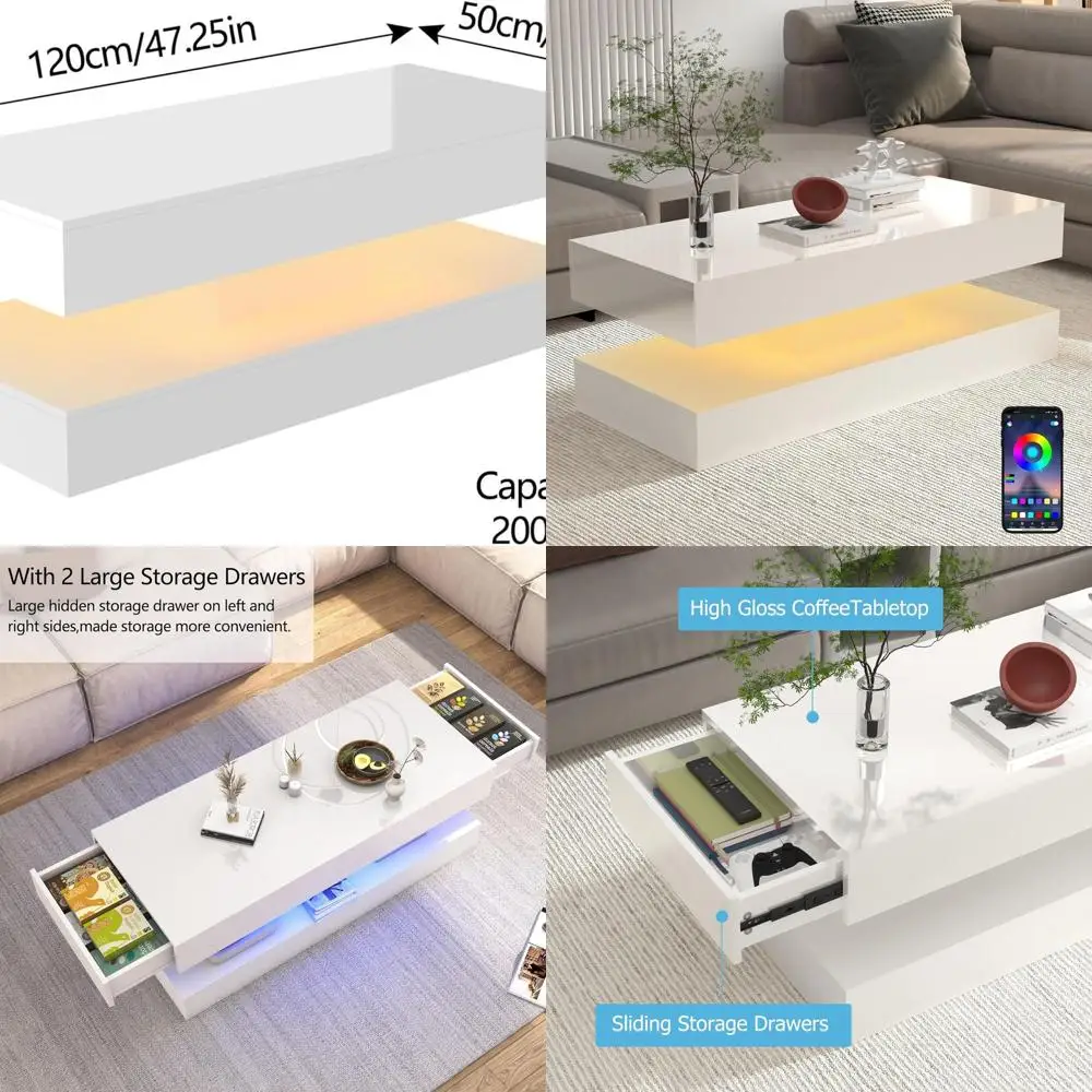 

Large 47.3in High Gloss LED Coffee Table with Storage Drawers, Modern Black/White Living Room Furniture with APP LED Lights