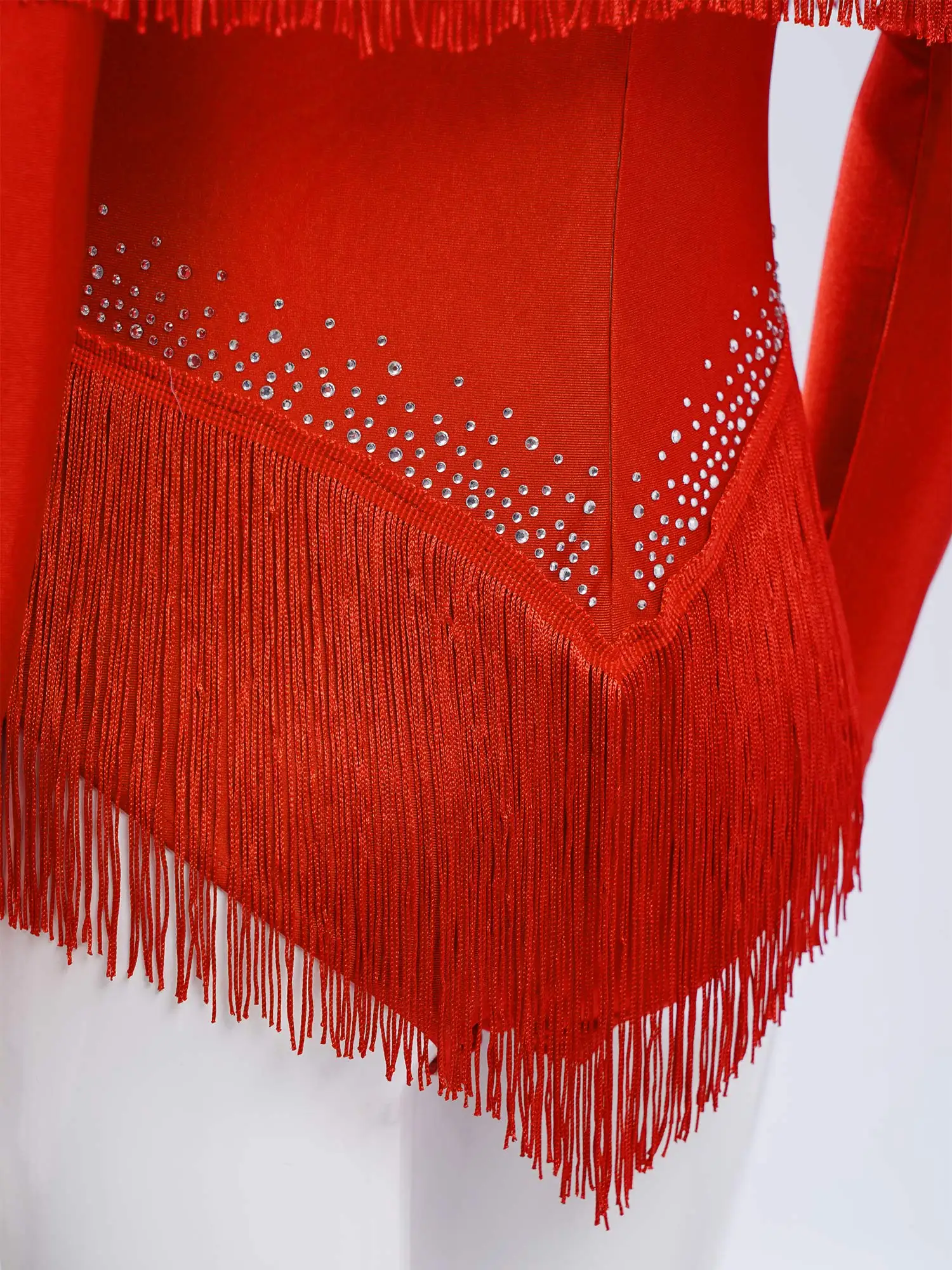 Bambini Ragazze Nappa Body da ballo latino Manica lunga Maglia trasparente Strass Tuta Sala da ballo Jazz Cha-Cha Tango Samba Dancewear