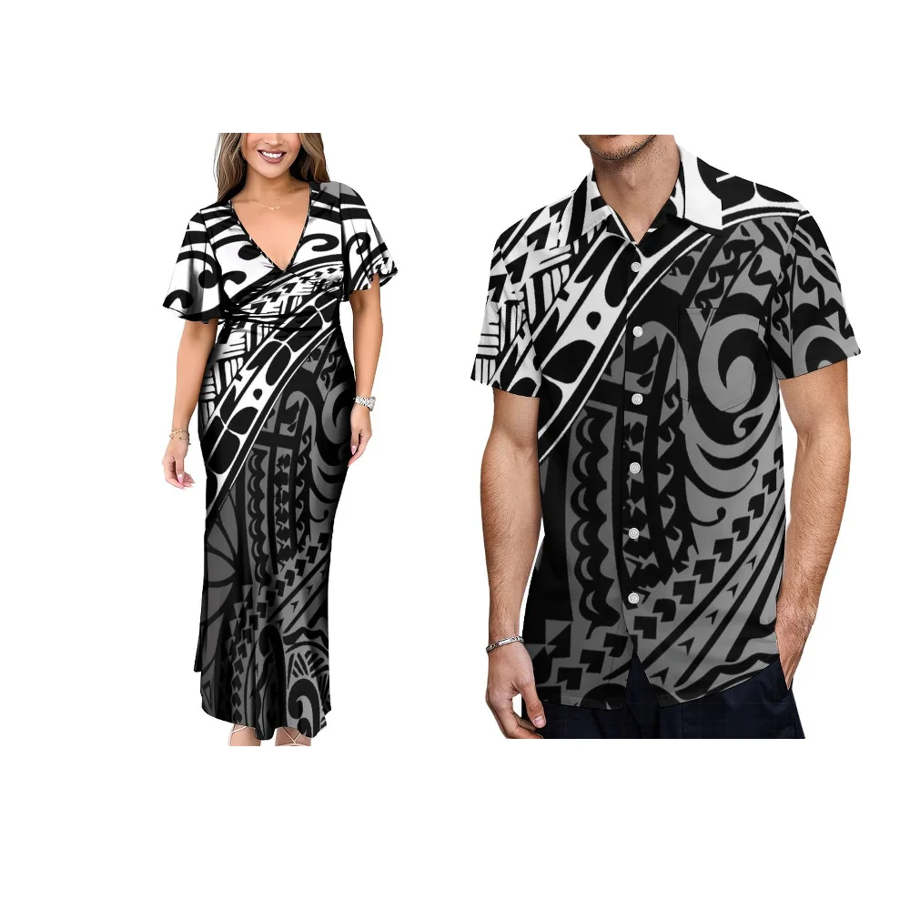 

Couples Wear Pacific Island Dresses And Traditional Polynesian Women'S Slim V-Neck Dresses With Samoan Men'S Shirts