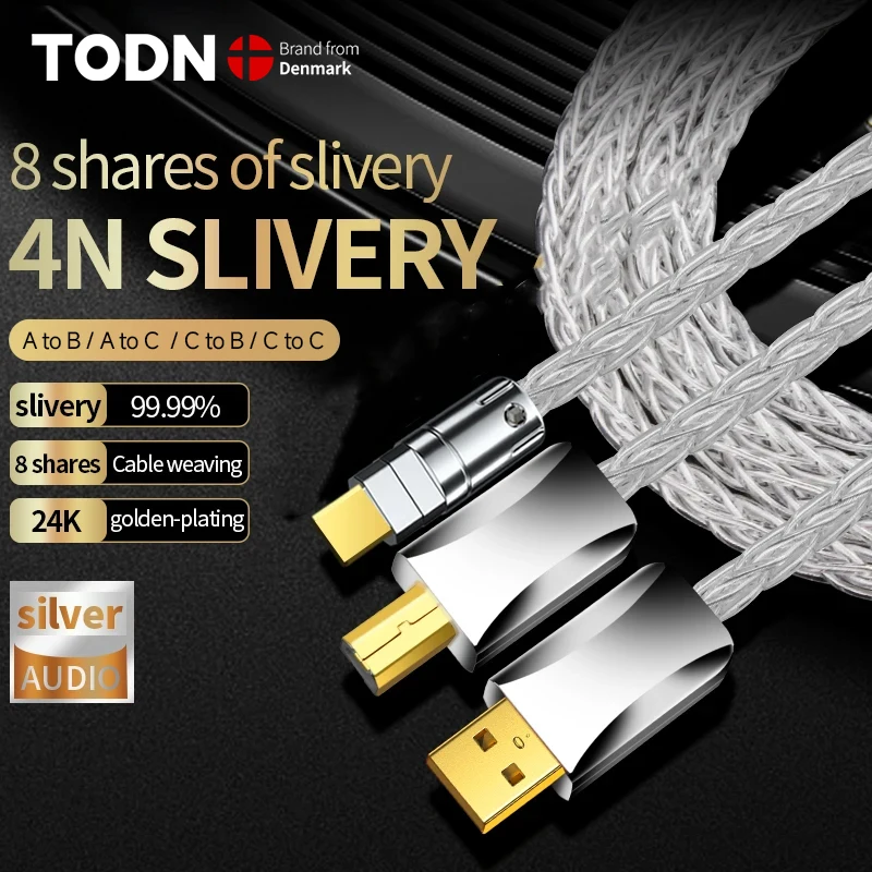 TODN HiFi 4N Pure Silver USB Cable Hi-end OTG Cable Type A to B/A to C/C to B/C to C Audio Cable for DAC Amplifier Decoder
