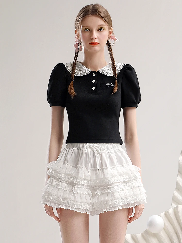 Designer Model Girl Short T-shirt Summer 2024 New Slim-Fit Contrast Colors Doll Collar Embroidered Bow Black Top Female Tshirt