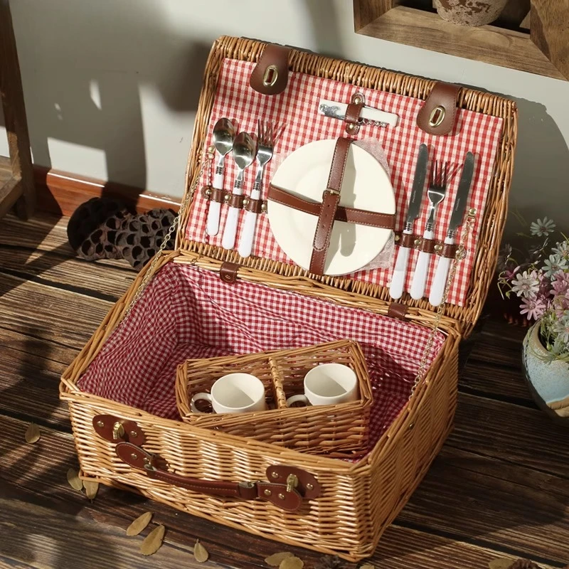 

Picnic box basket ins with cutlery rattan basket storage basket picnic props outdoor camping full set
