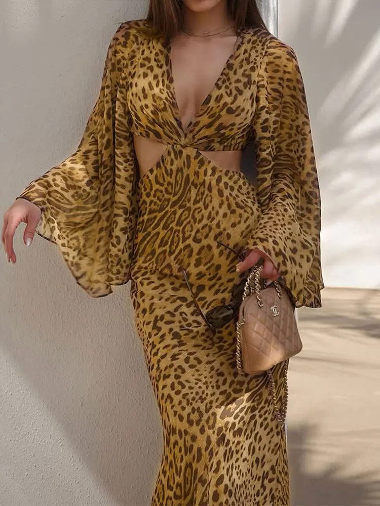 Nuevos vestidos de mujer moda de otoño estampado de leopardo Casual ajustado vestido de manga larga Sexy ahuecado sin espalda vestidos con cuello en V ropa