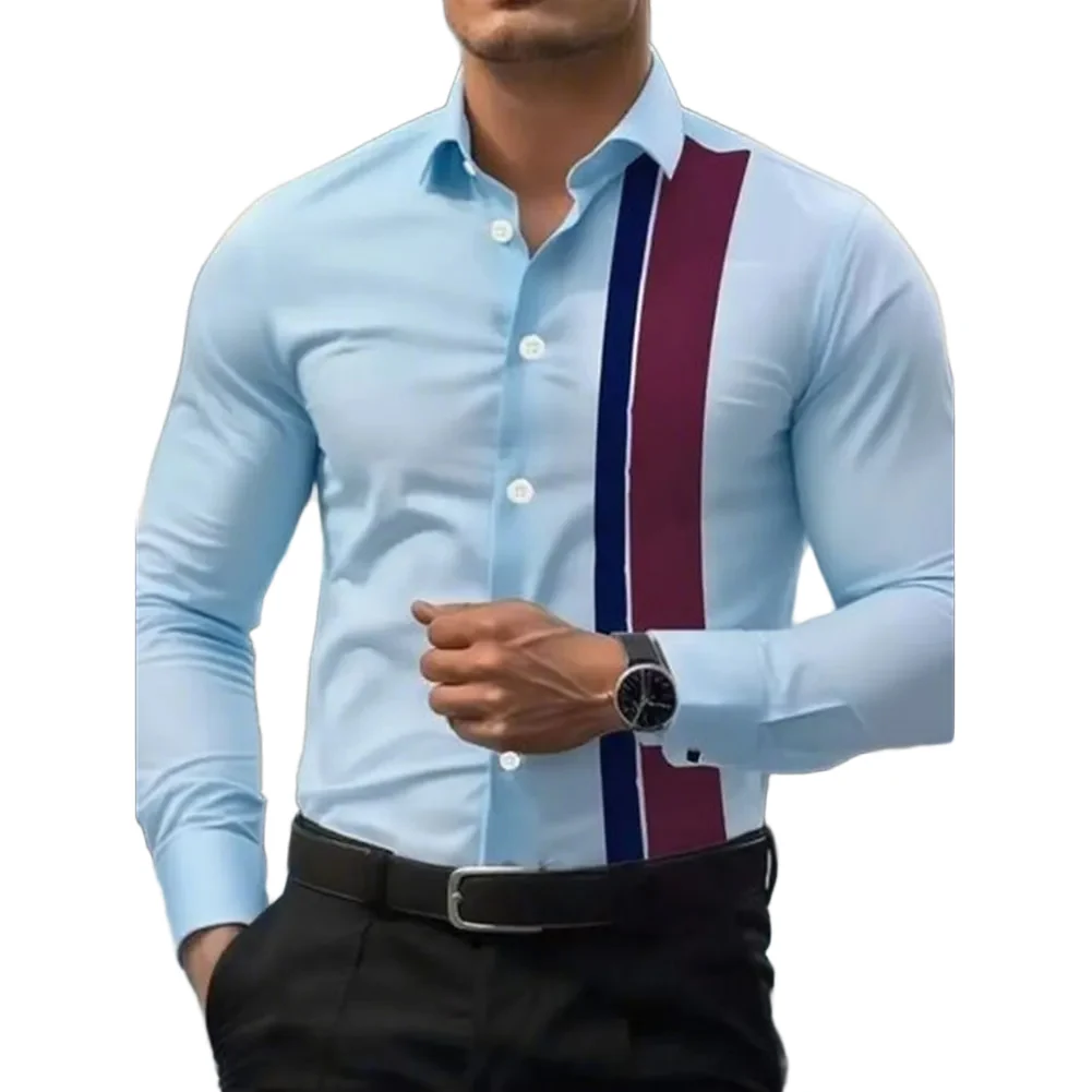 2025 Mens Splicing Striped Lapel Button Up Long Sleeve Smart Casual Comfortable Business Dress Office Single-breasted Shirt