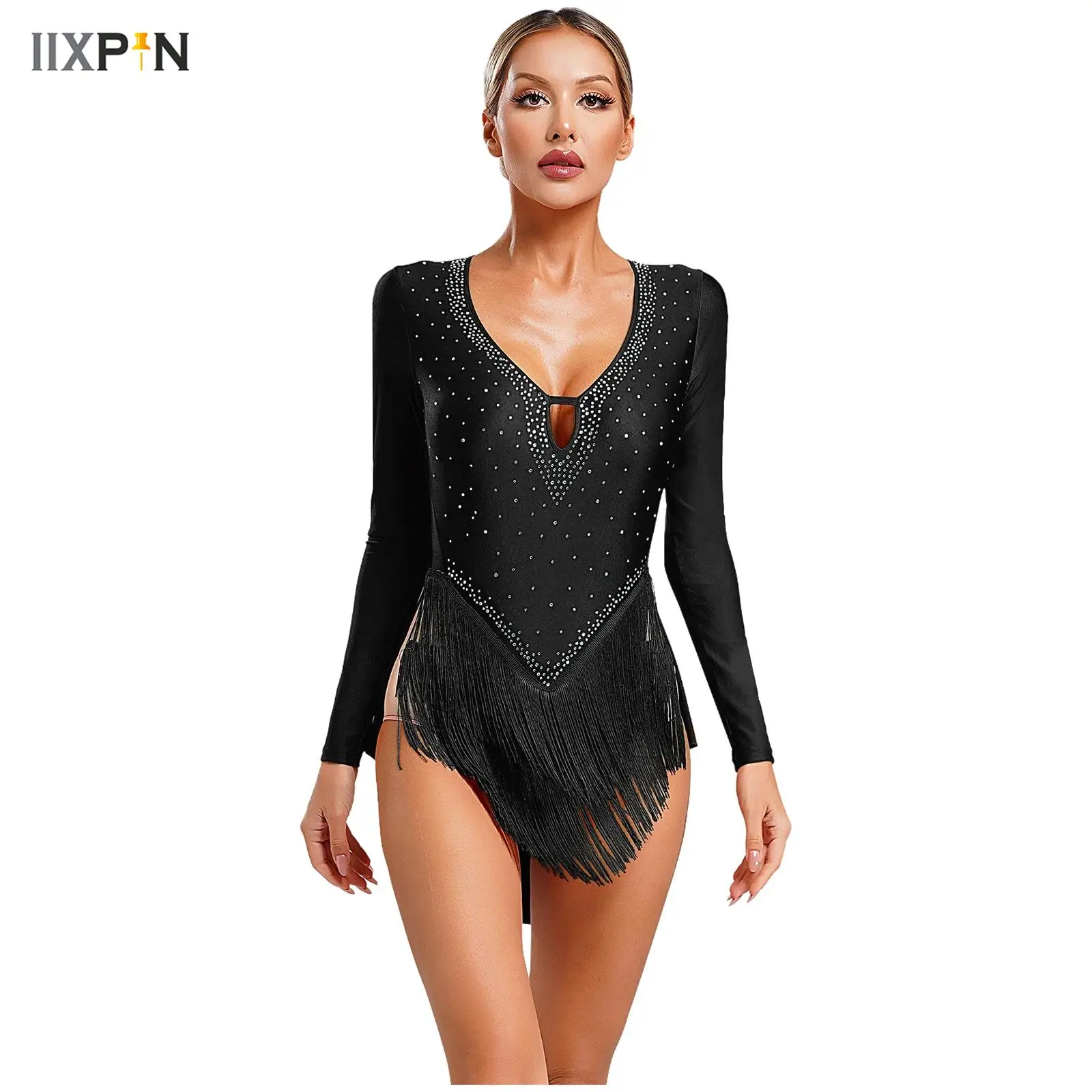 Fringe Latin Dance Leotard for Womens Glittery Rhinestones Deep V-Neck Long Sleeve Bodysuit Jazz Dancewear Performance Costume