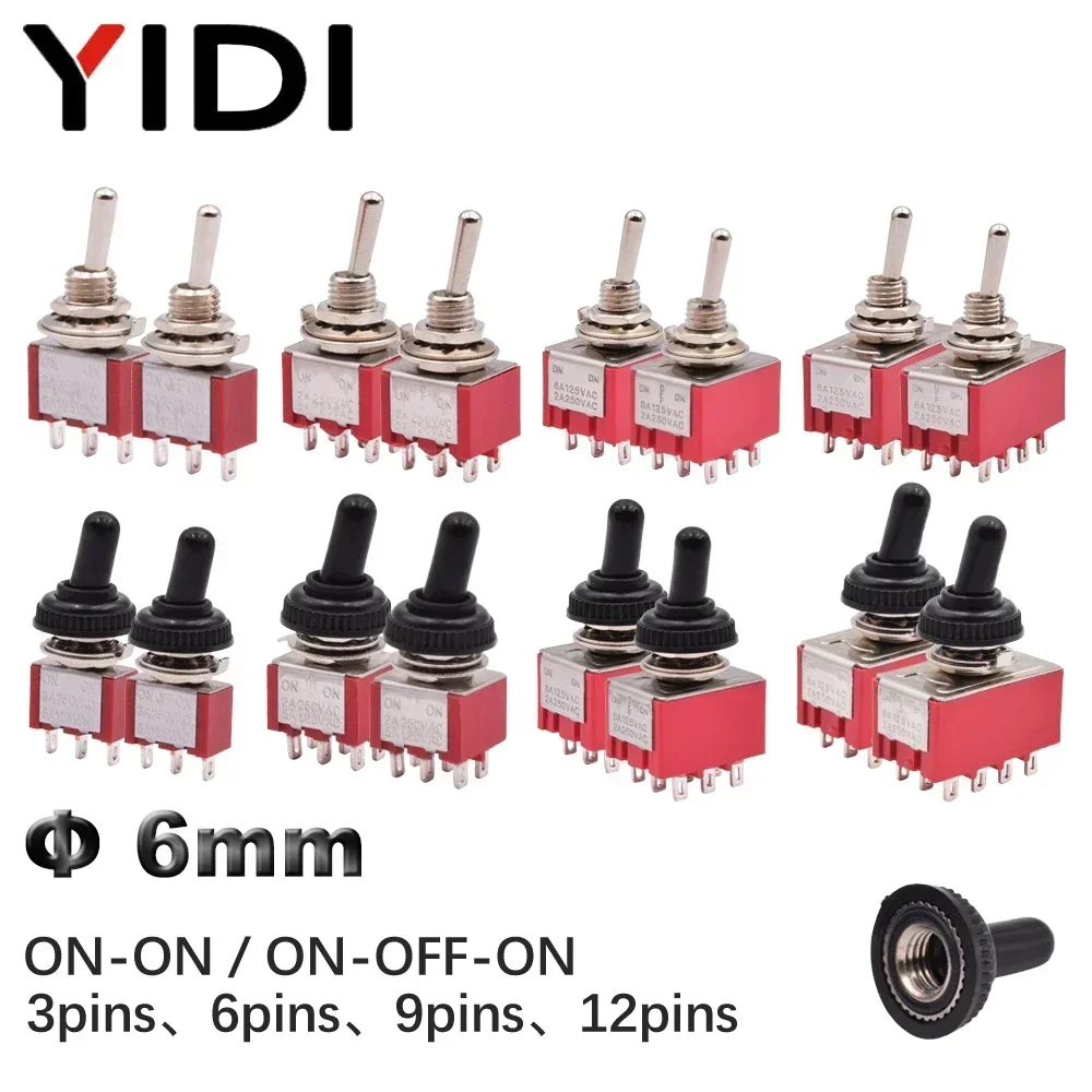 5pcs 3/6/9/12 Pin Mini Toggle Switch ON-ON/ON-OFF-ON 2 3 Position MTS 102 103 202 203 302 303 402 403 with Waterproof Cap