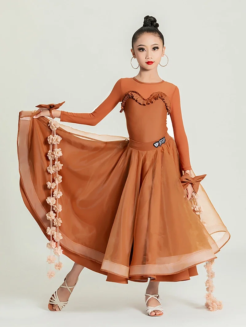 Kids Girls Modern Dress Mesh Waltz Social Dance Lace Long Sleeve Bodysuit and Mesh Large Skirt Dancewear Ballroom Costumes