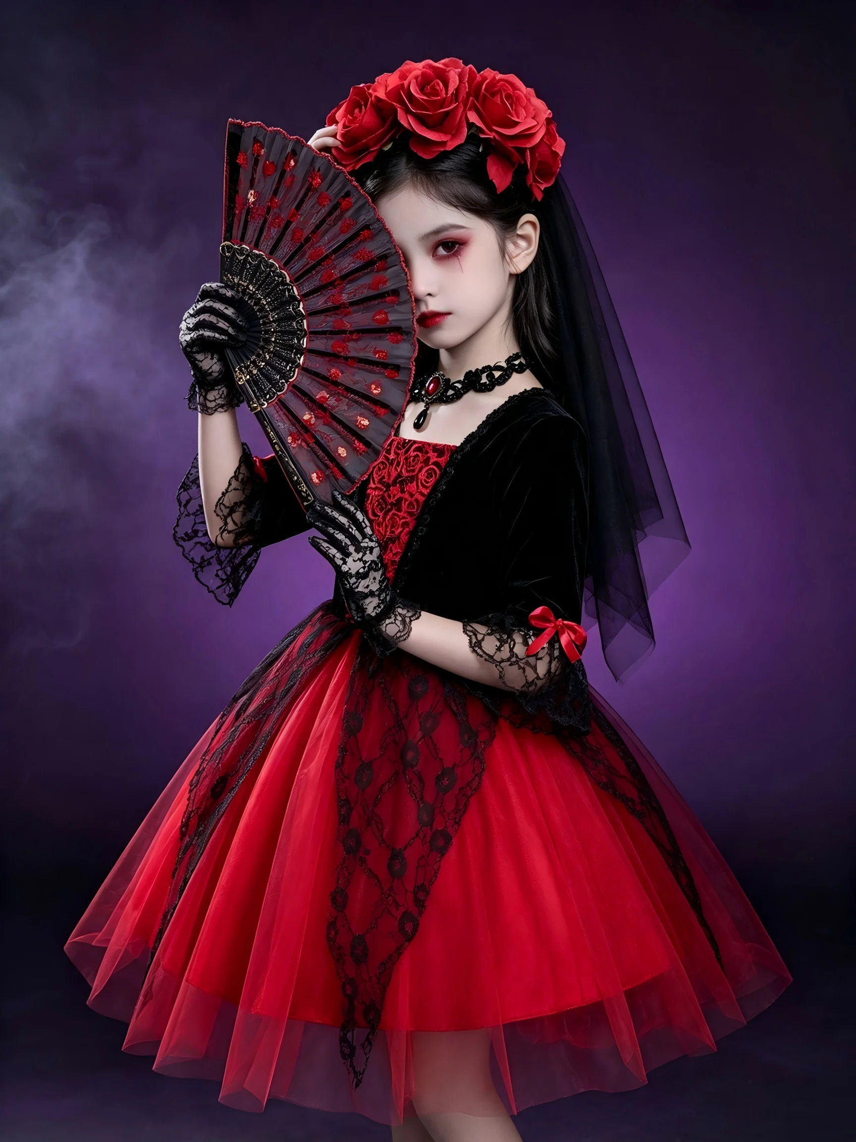 Kids Gothic Halloween Fancy Dress Girls Devil Theme Tulle Dress Complete Accessory Set Holiday Carnival Party Dress Up Outfit