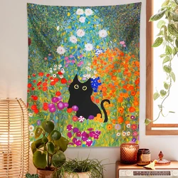 Tapiz de gato de jardín colgante de pared, pintura al óleo, plantas de jardín, flores, lindo gato psicodélico, arte de habitación Bohemia, decoración del hogar, regalo