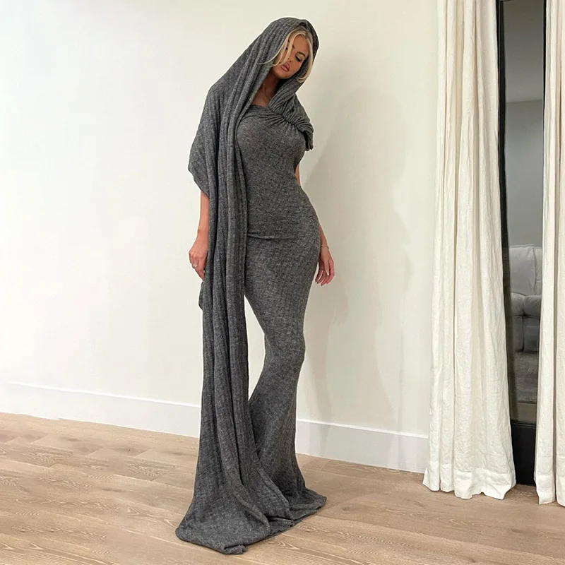 

Grey Hooded Women's Prom Dress Robes knitting Sexy Sleeveless Sheath Casual Daily Backless Long Party Gown