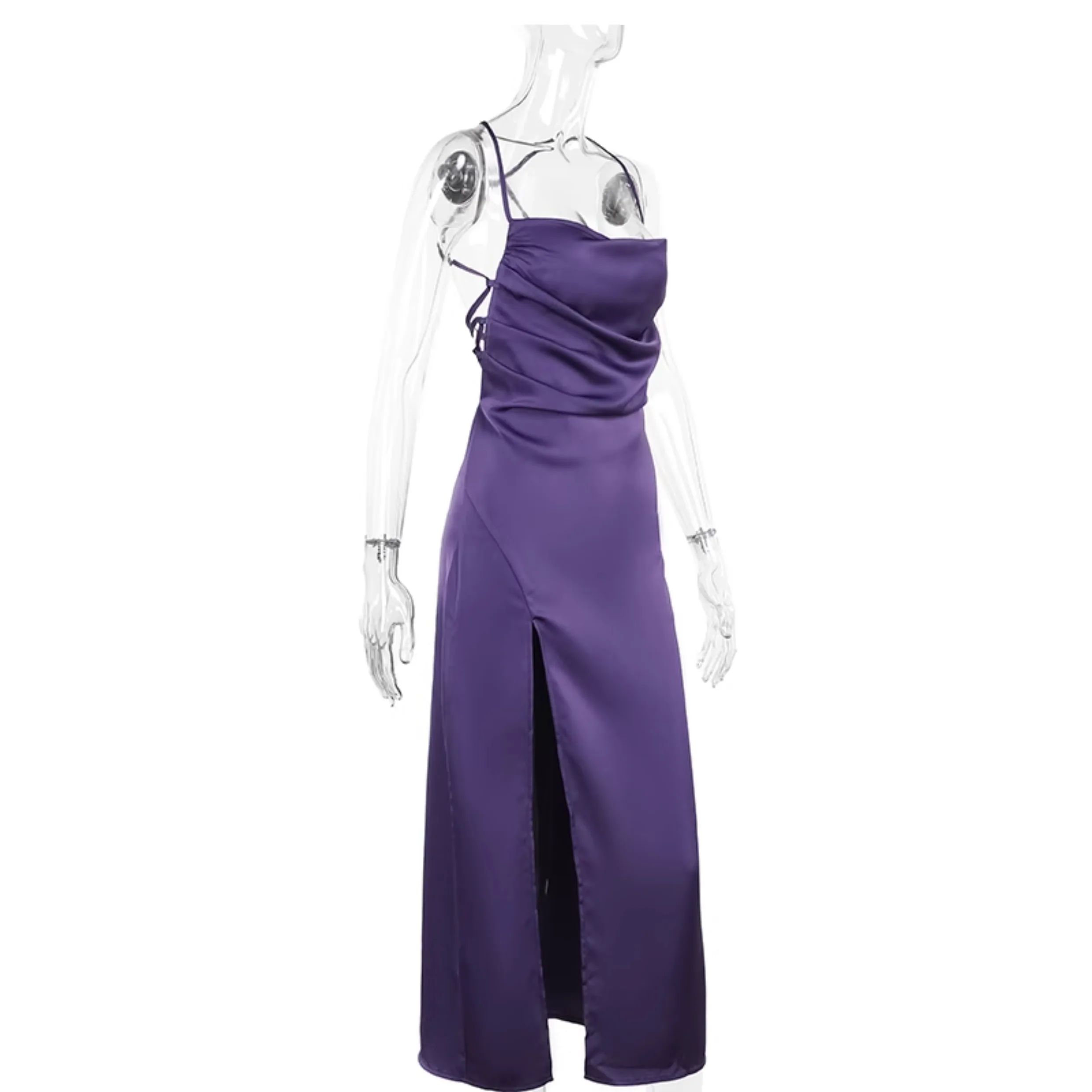 Temperament Paars Satijn Charme Halsgemonteerde Lange Splitjurk Dames Europese en Amerikaanse Sexy Elegante Backless Onregelmatige Jurken