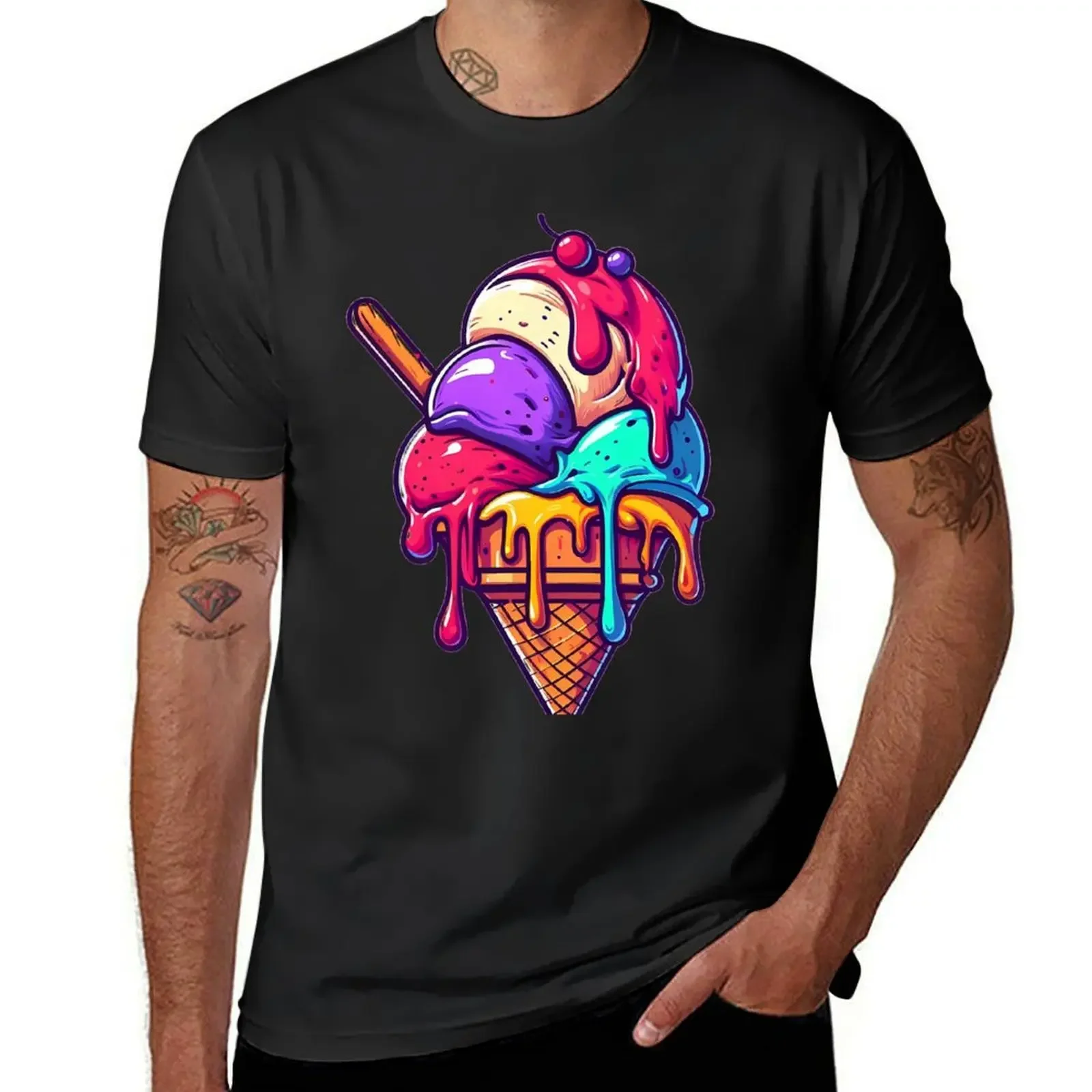 Colorful Ice Cream with Drizzling Syrup T-Shirt anime figures anime t shirts cute tops t shirts for men cotton