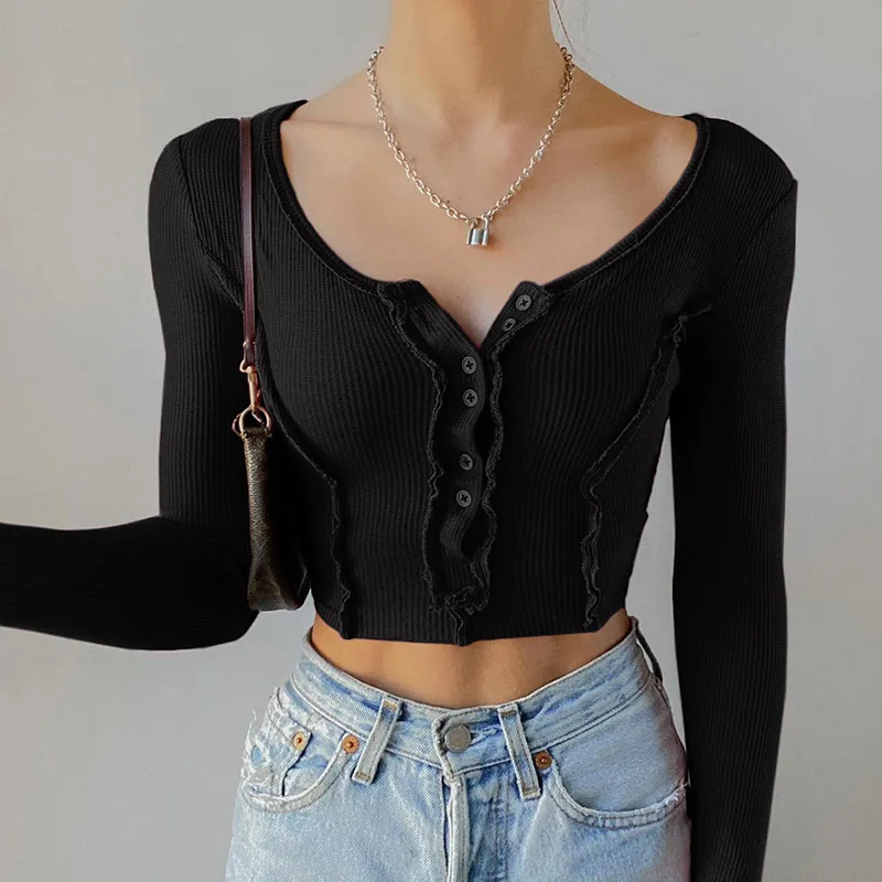 Women's Summer Slim Cropped Tops Solid Color Ribbed Long Sleeve Button V-Neck Show Navel Casual Outfits T-Shirt Streetwear Y2k