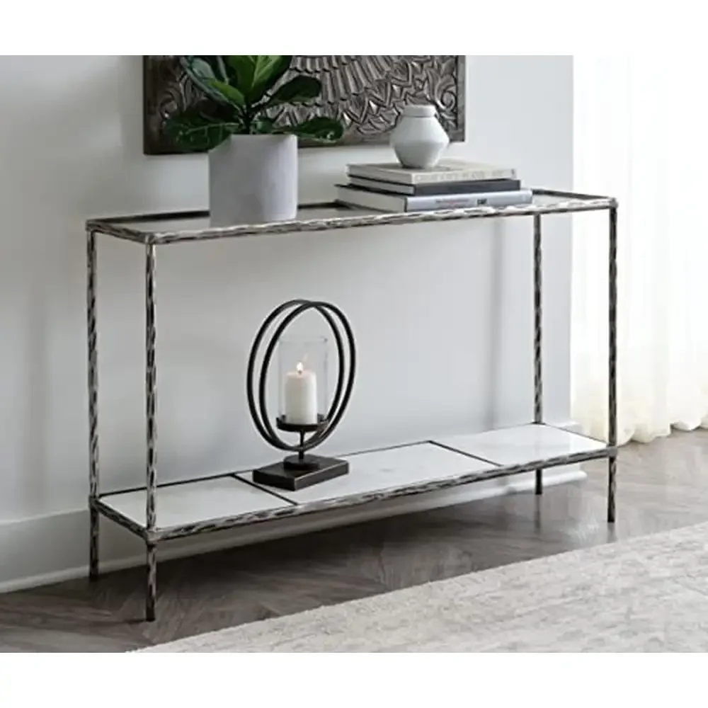 Modern Aluminum Console Table Antique Pewter Finish Glass Top Marble Shelf 52