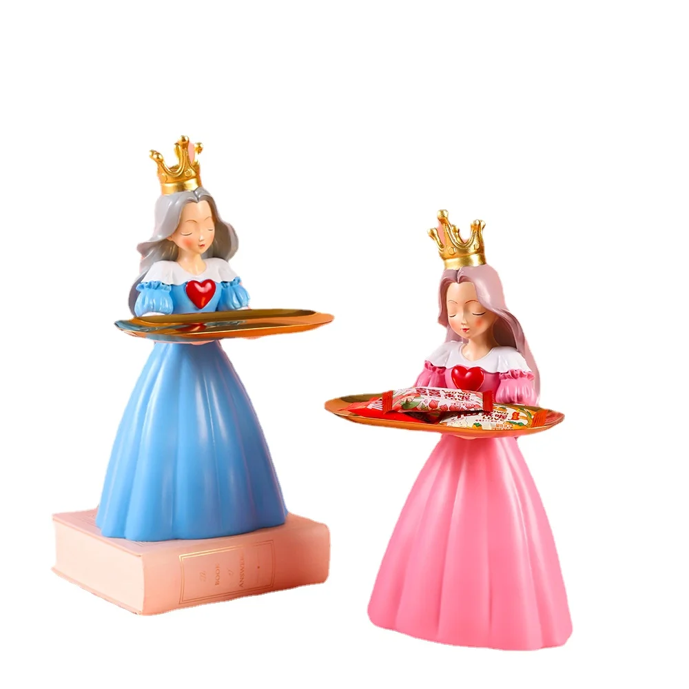 Nordic Crown Princess Statue with Tray Living Room Decorations Cosmetics Storage Ornaments Resin Craft Gift Home Decor Sculpture