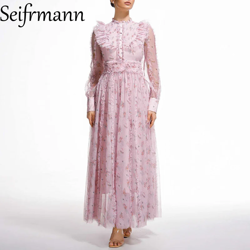 Seifrmann Damen Elegantes Party-Abschlussballkleid, Sommer, Netzstoff, lange Ärmel, Volantrand, Blumendruck, modische Big Swing-Kleider