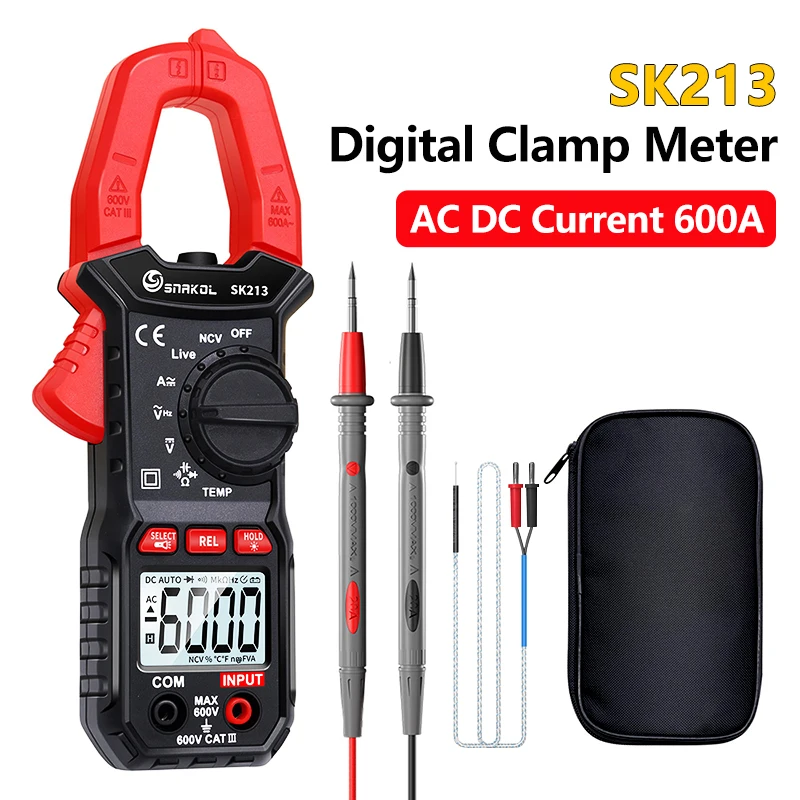 SK213 Digital Clamp Meter, 600A, AC DC Current, True RMS, Amperímetro Alicadores, Auto Rang, 6000 Contagem Multímetro, Hz, Ohm, NCV Tester