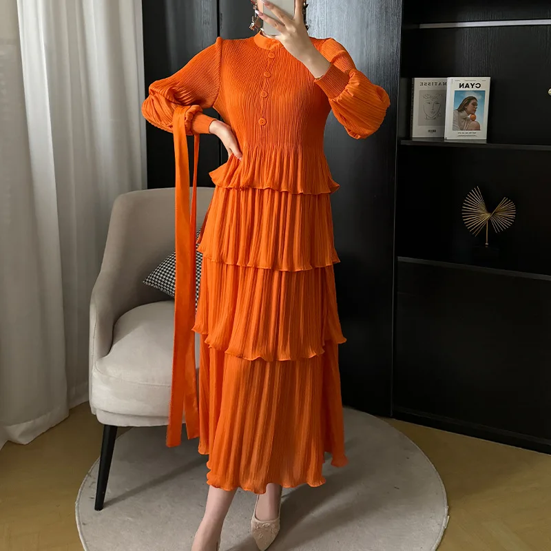 Pleats Original Pleated 2024 Summer New Niche Design Pleated Wooden Ear Ruffled Loose Thin Dress Long Section Women Clothing