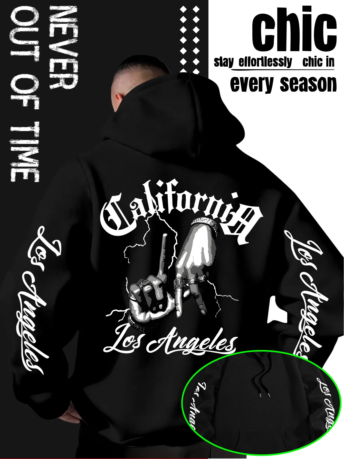Herren-Hoodie mit Kalifornien-Los Angeles-Grafikdruck, Oversized Streetwear Hip-Hop Pullover, Lässiger Loose-Fit Kapuzenpullover – Detail 2