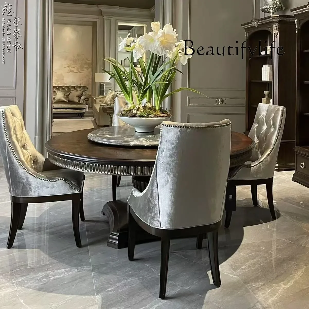 N45 Spot American retro solid wood dining table ART solid wood dining table and chairs, French engraved round dining table chair