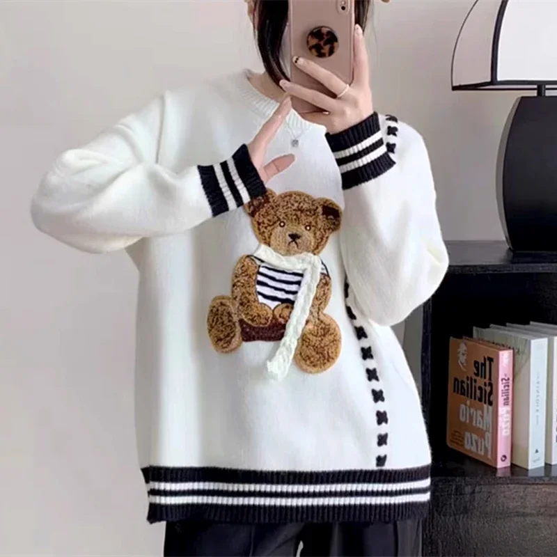 Y2K Sweet Cute Bear Embroidery Sweater for Girls American Cartoon Kawaii Hoodies Coat Loose O-neck Winter Pullover Long Sleeve