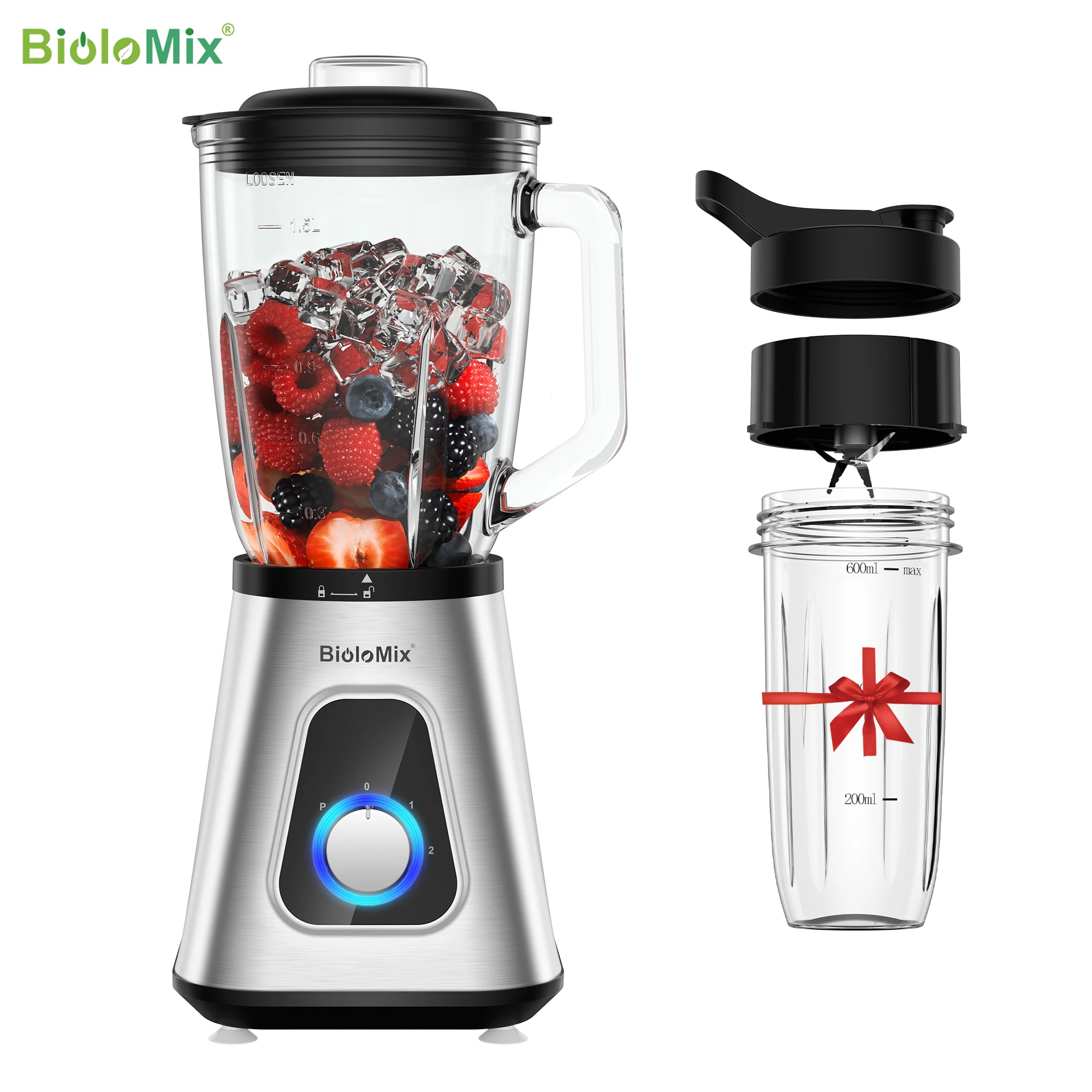 BioloMix 1300W Smoothie Maker with 1.5L Glass Jar Personal Blender for Frozen Fruit Drinks And Sauces