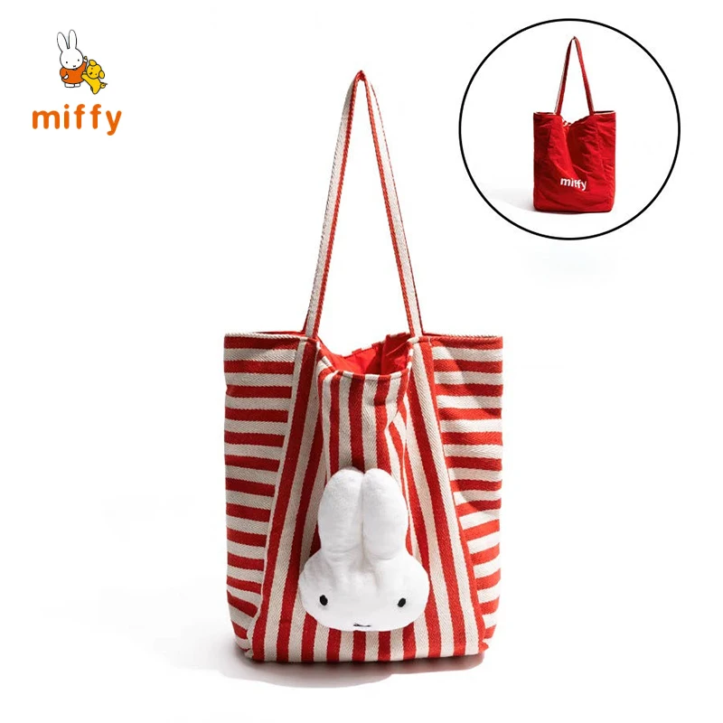 

Kawaii Miffy Handbag Cartoon Embroidered Stripes Canvas Tote Cute Plush Doll Design Portable Large Capacity Shoulder Bags Gifts