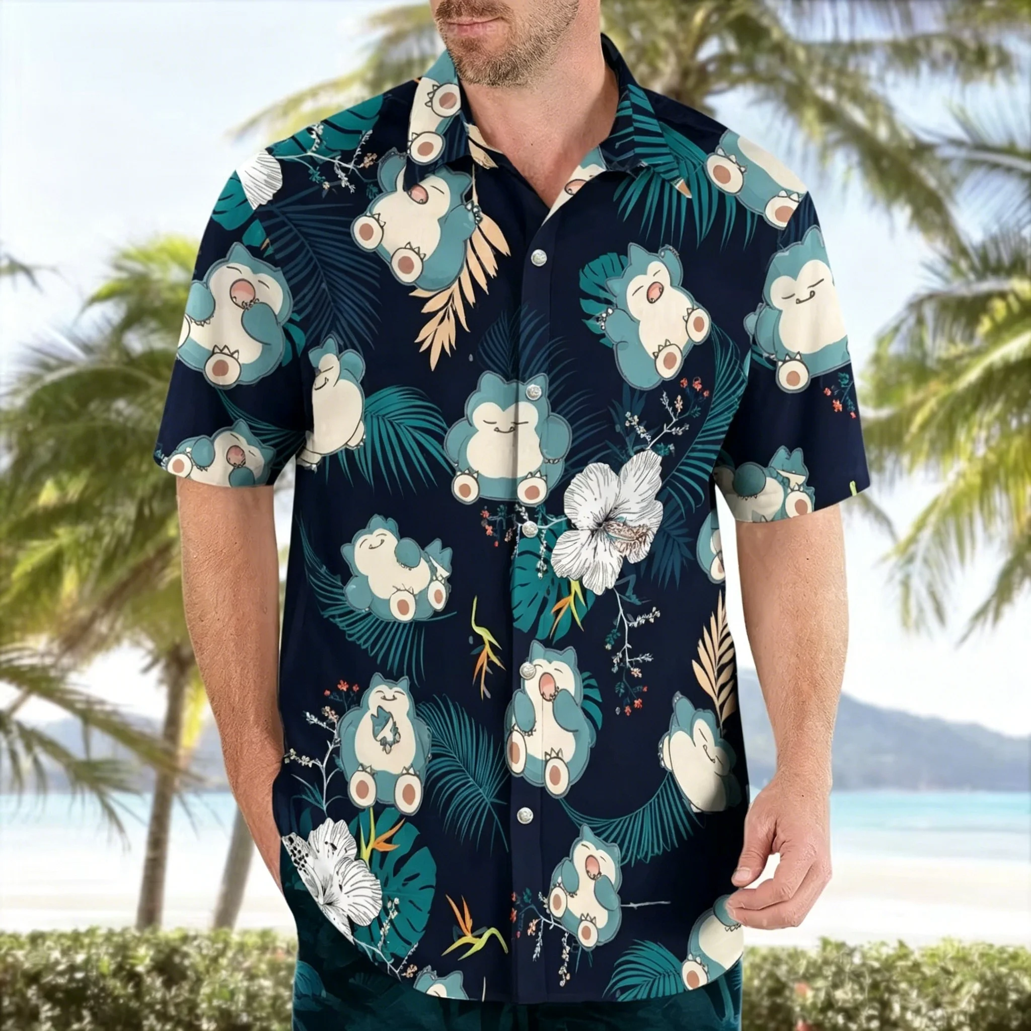 T-shirt décontracté hawaïen Snorlax Anime pour enfants et adultes, nouvelle collection été 2026, T-shirt tropical Aloha