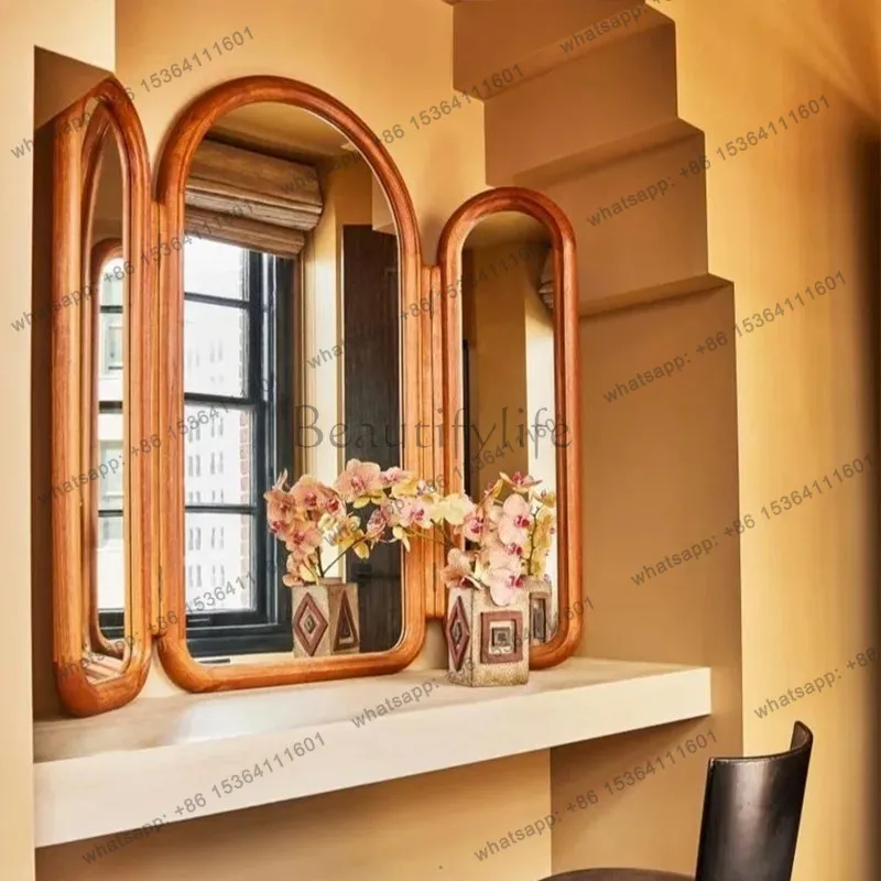 XX. French retro wooden three-sided mirror folding European wall-mounted vanity mirror desktop