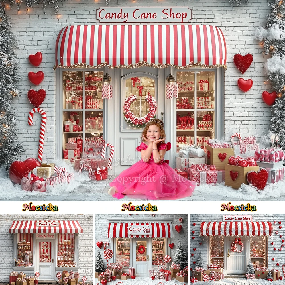 

Candy Cane Shop Background For Christmas Photography Red Love White Gift Wall Backdrop Kid Winter Birthday Photoshoot Studio