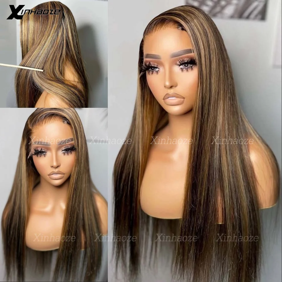 Balayage Highlight Brown Wigs For Women Real Human Hair 13x4 Lace Frontal Wig Blonde Highlights Bone Straight 5x5 Silk Top Wigs
