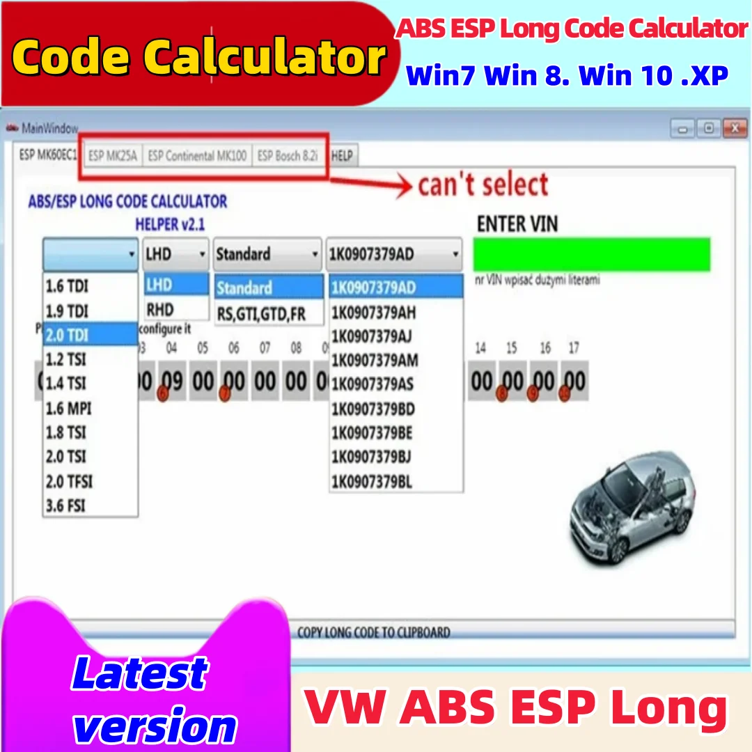 

2025 Лидер продаж Abs Esp Длинный калькулятор Программное обеспечение для чтения Программное обеспечение Bosch Esp Утилита Поддержка длинного кода для Vag Vehi 3 продано