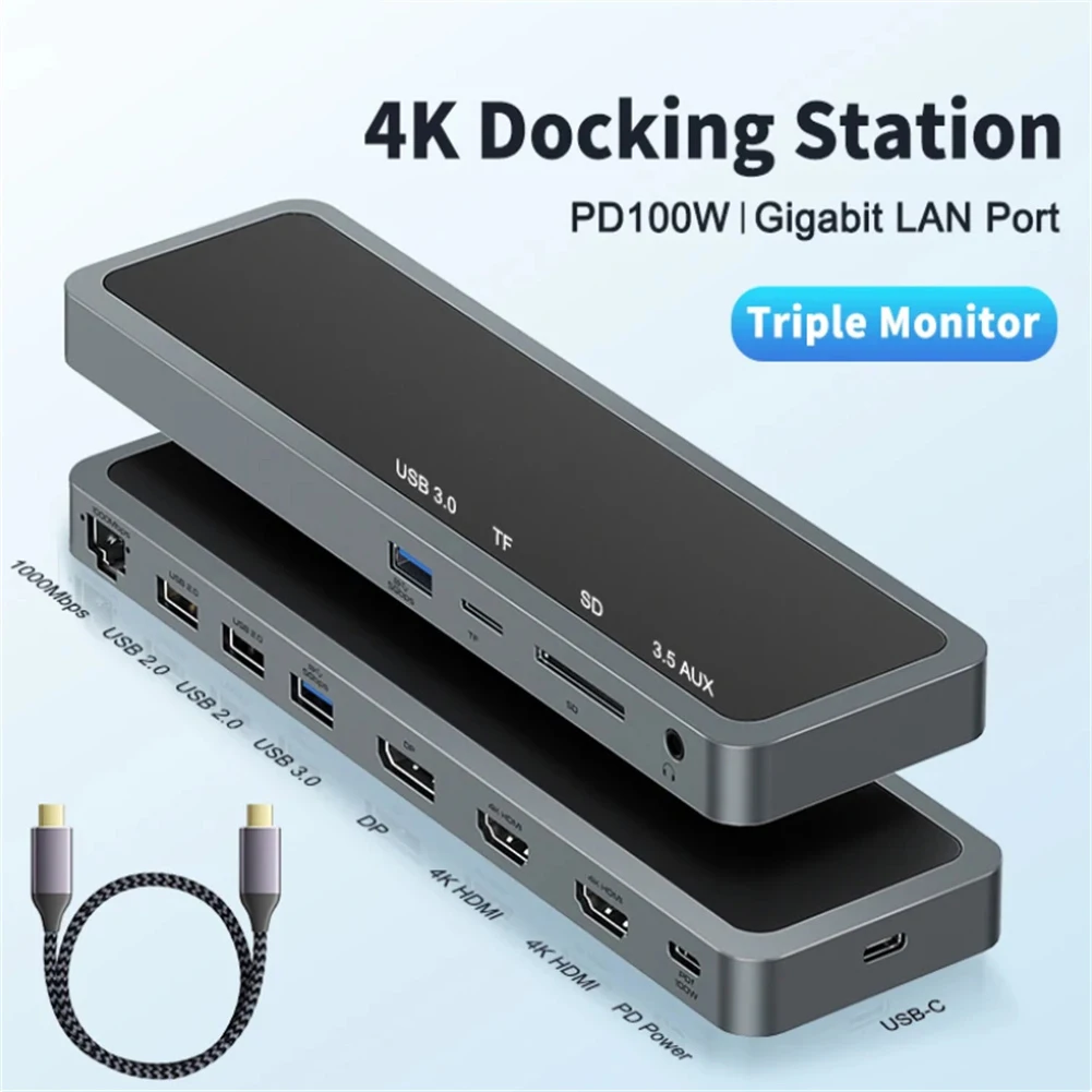 

12 In 1 USB-C Docking Station Triple Monitor With USB 3.0 VGA RJ45 SD/TF Card Reader PD Charging USB HUB Adapter