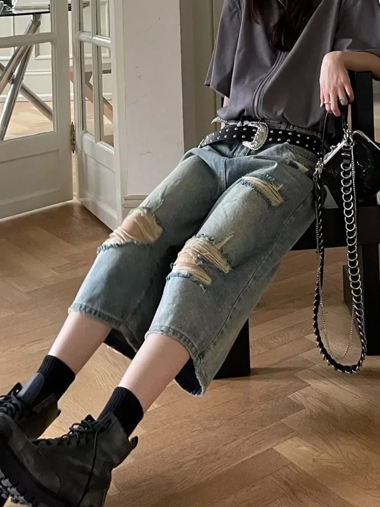 Vintage Blue Ripped Short Jeans Women Oversized Distressed Jorts Y2k Grunge Baggy Boyfriend Denim Shorts Wide Streetwear
