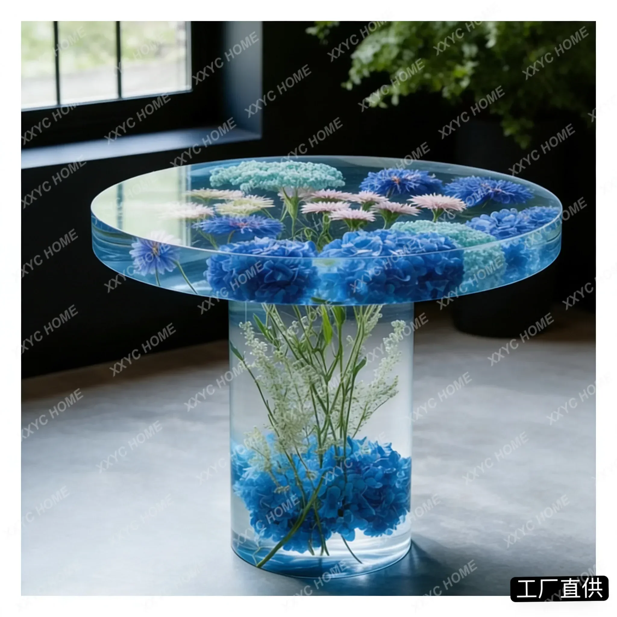 

Transparent epoxy resin round edge few living room light luxury artistic custom furniture