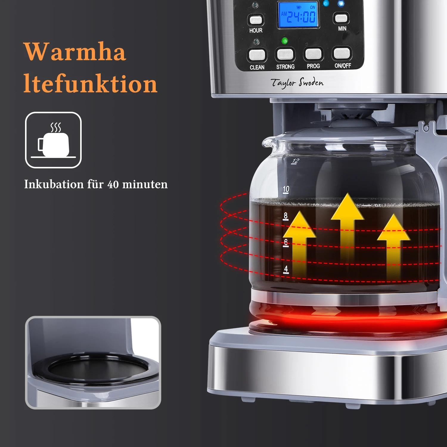 ماكينة صنع القهوة TAYLOR SWODEN بقدرة 950 وات مع مؤقت، ماكينة صنع القهوة بفلتر 1.5 لتر، 12 كوب، إيقاف تلقائي، توقف بالتنقيط، فلتر قابل لإعادة الاستخدام