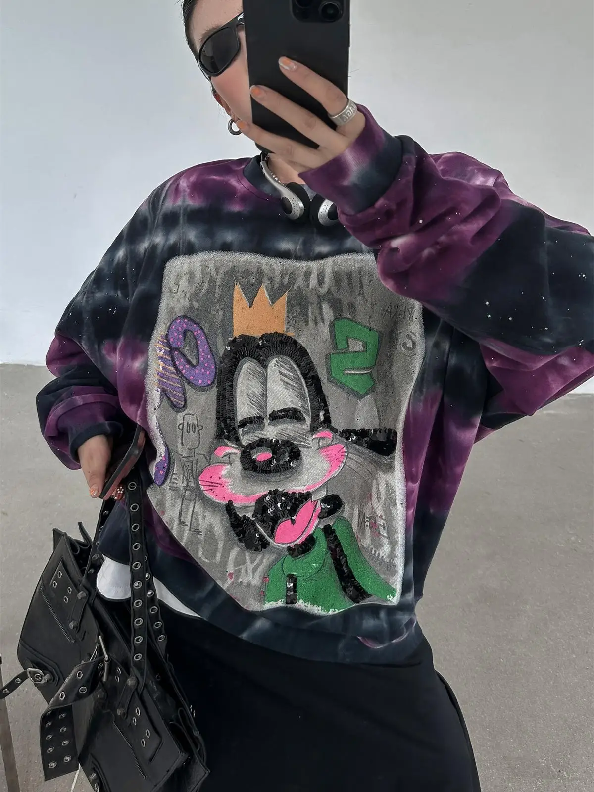 Tie-Dye Gradient Cartoon Sweatshirt for Women 2025 Autumn High-End Trendy Cool Pure Cotton Long Sleeve Top Round Neck Sweatshirt