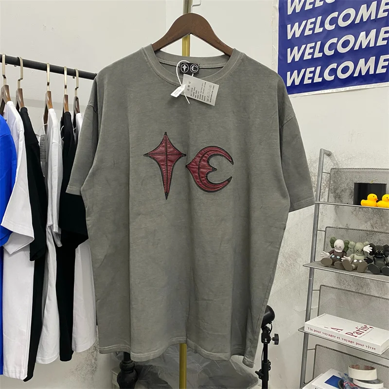 Fashion Star Moon Leather Metal Decoration Thug Club T Shirt Casual Loose Round Neck Short Sleeve T-shirt for Men and Women