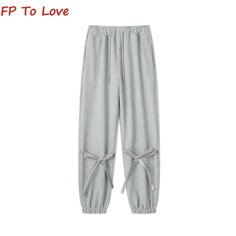

2024 Spring Pink Tie Bow Lori Model Black Elastic Waist Sweatpants Drawstring Casual Grey Sweatpants