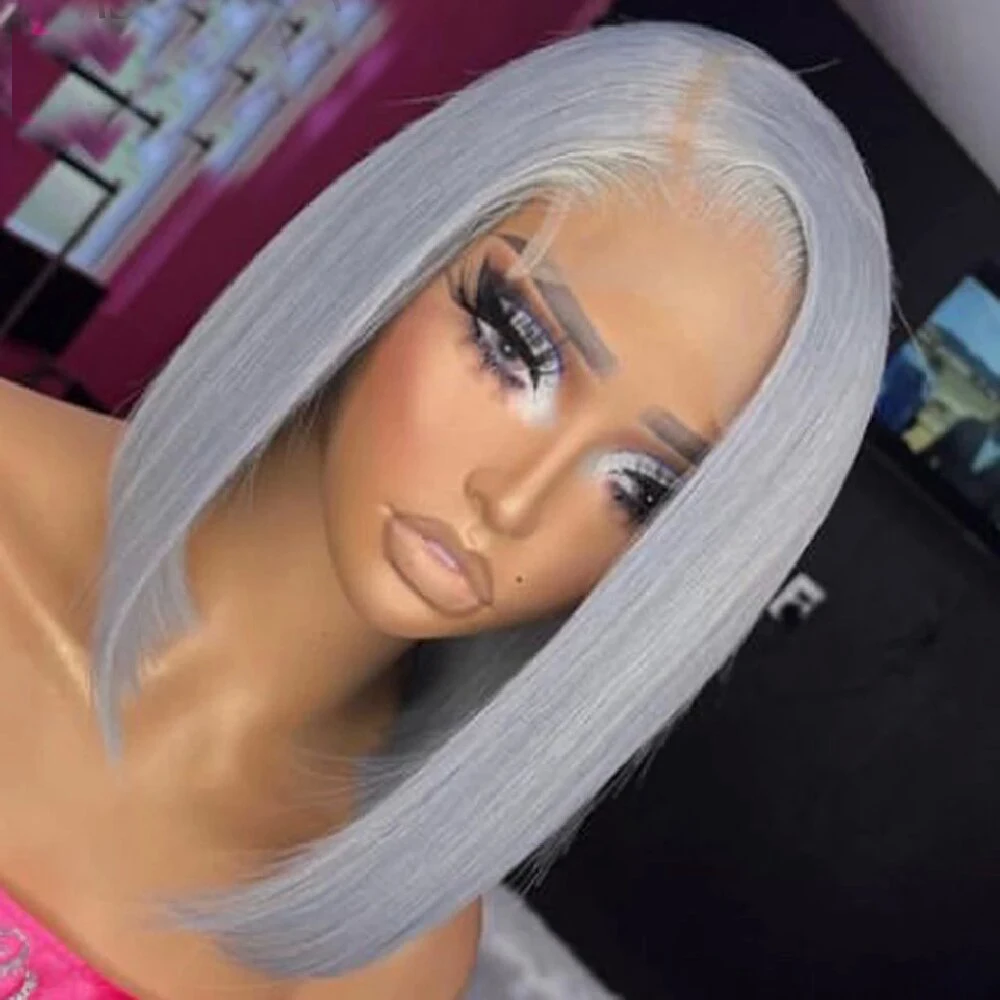 Sliver Grey Short Bob Human Hair Wigs 13x4 Frontal Bob Wig HD Transparent Lace Front Wigs For Black Women Free/Middle/Side Part