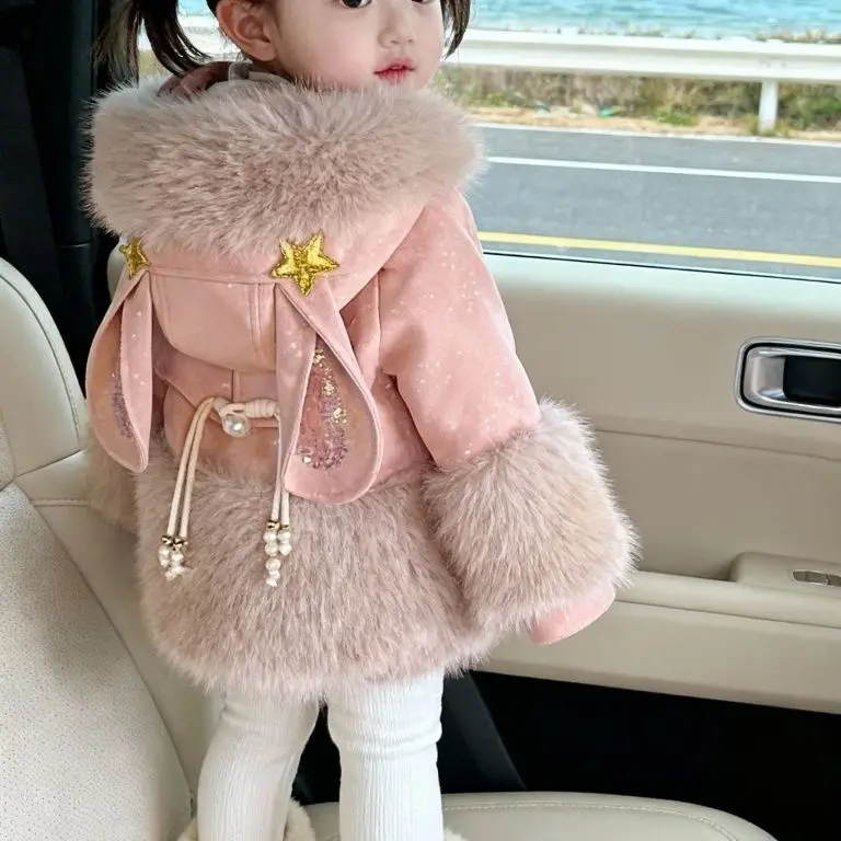 Winter Childent Cute Hooded Shiny Coat Warm Plus Velvet Cotton Girls Thick Jacket Casual Artificial fur Clothing Snow Outwear